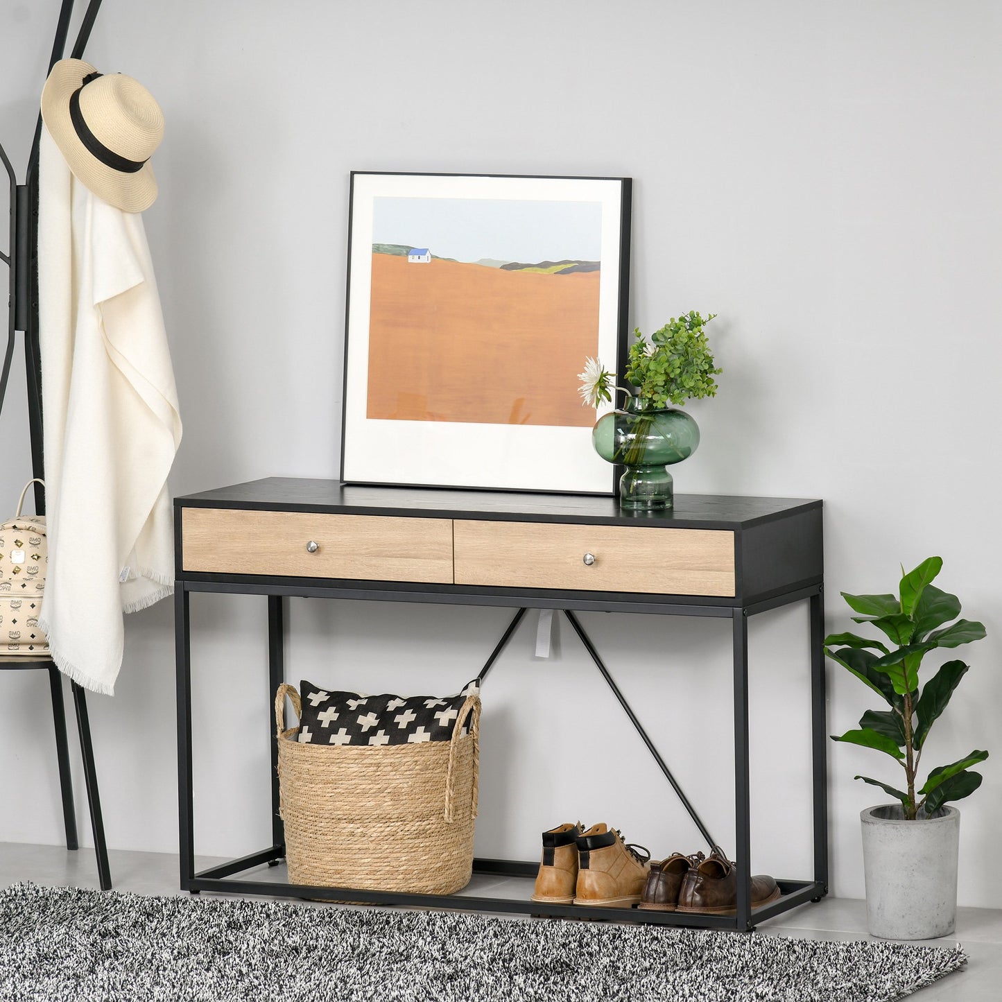 Console Table, Hallway Table with 2 Drawers,  Steel Frame Sofa Table for Entrance and Living Room, Black