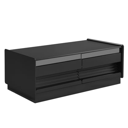 Modern Rectangle Coffee Table With 4 Drawers And 2 Display Shelves, Wood Coffee Table With Fluted Style, Tempered Glass For Living Room