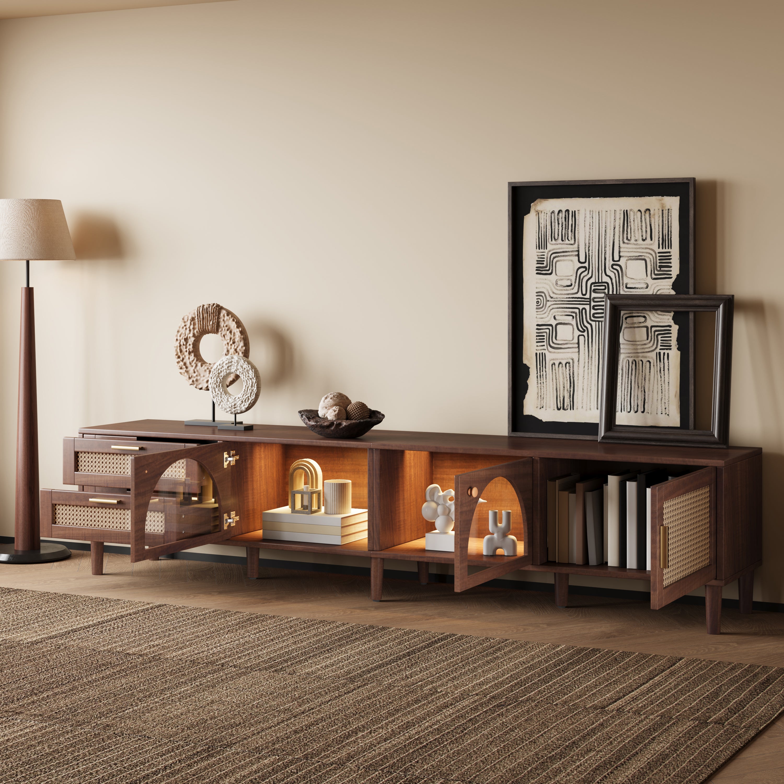 86 Inch TV Stand For TVs Up To 90, Entertainment Center With App Controlled LED Lights, 2 Drawers  Glass Door Storage, Modern Media Console For Living Room