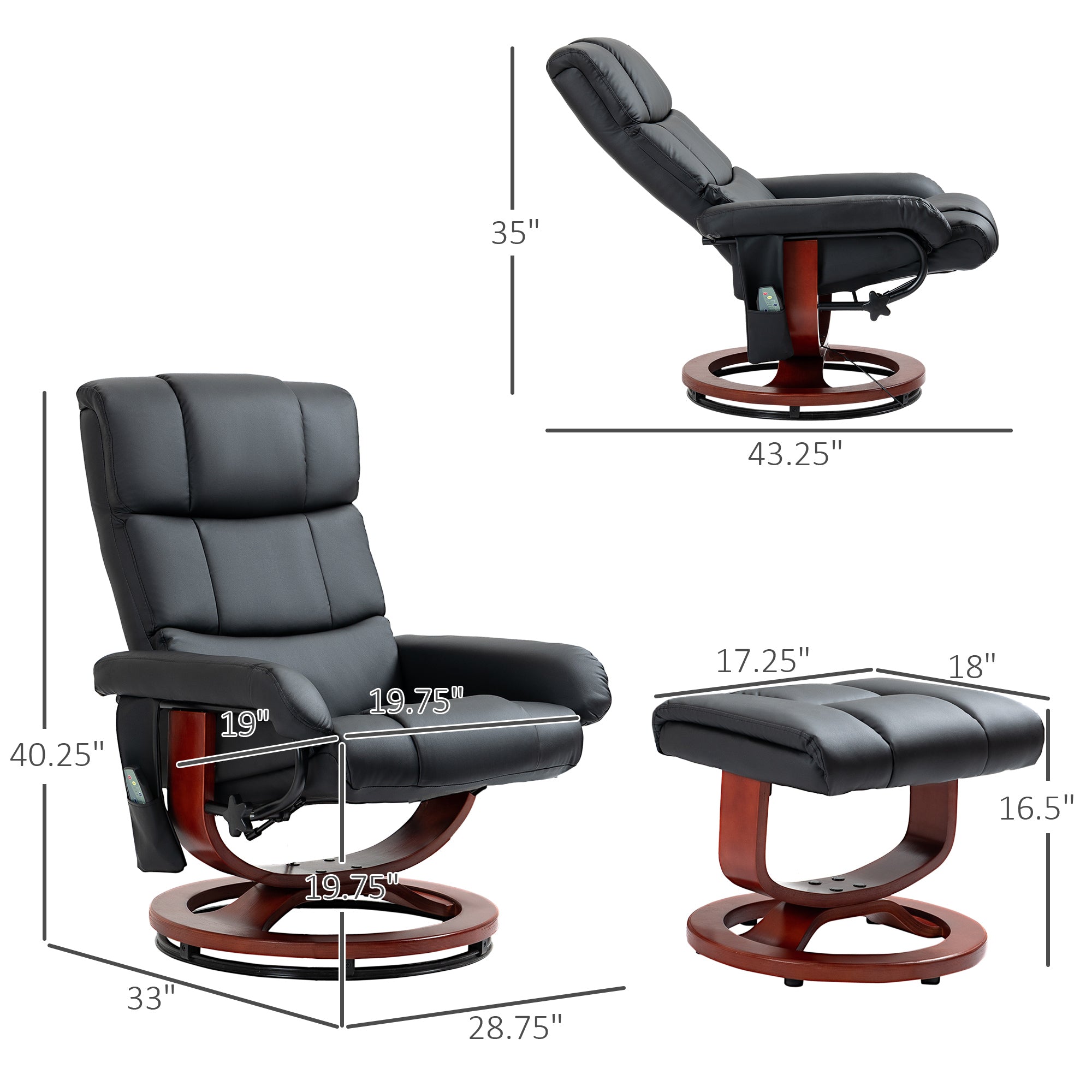 Recliner Chair with Ottoman, Electric Faux Leather Recliner with 10 Vibration Points and 5 Massage Mode, Reclining Chair with Swivel Wood Base, Remote Control and Side Pocket, Black