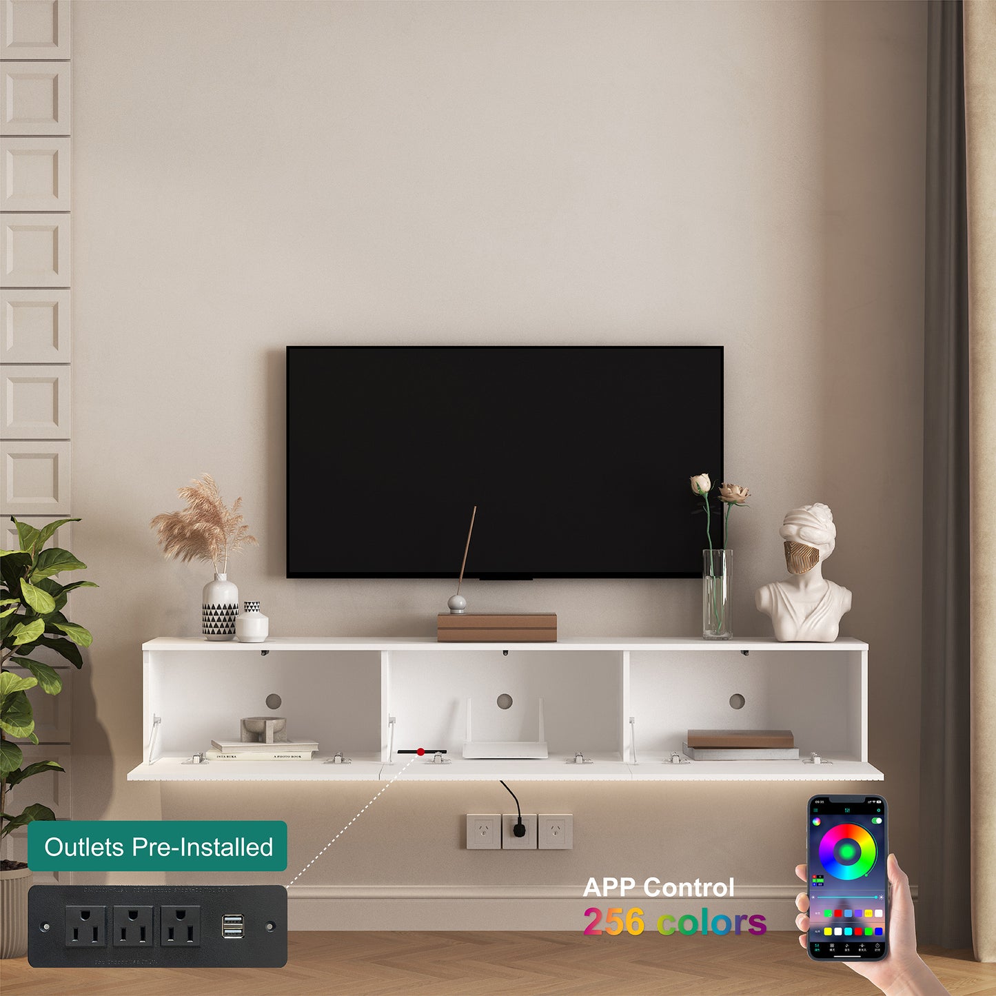 Floating TV Stand Wall Mounted With 16 Color LEDs, Modern TV Stand, Floating TV Cabinet Entertainment Center For 55 60 65 Inch TV