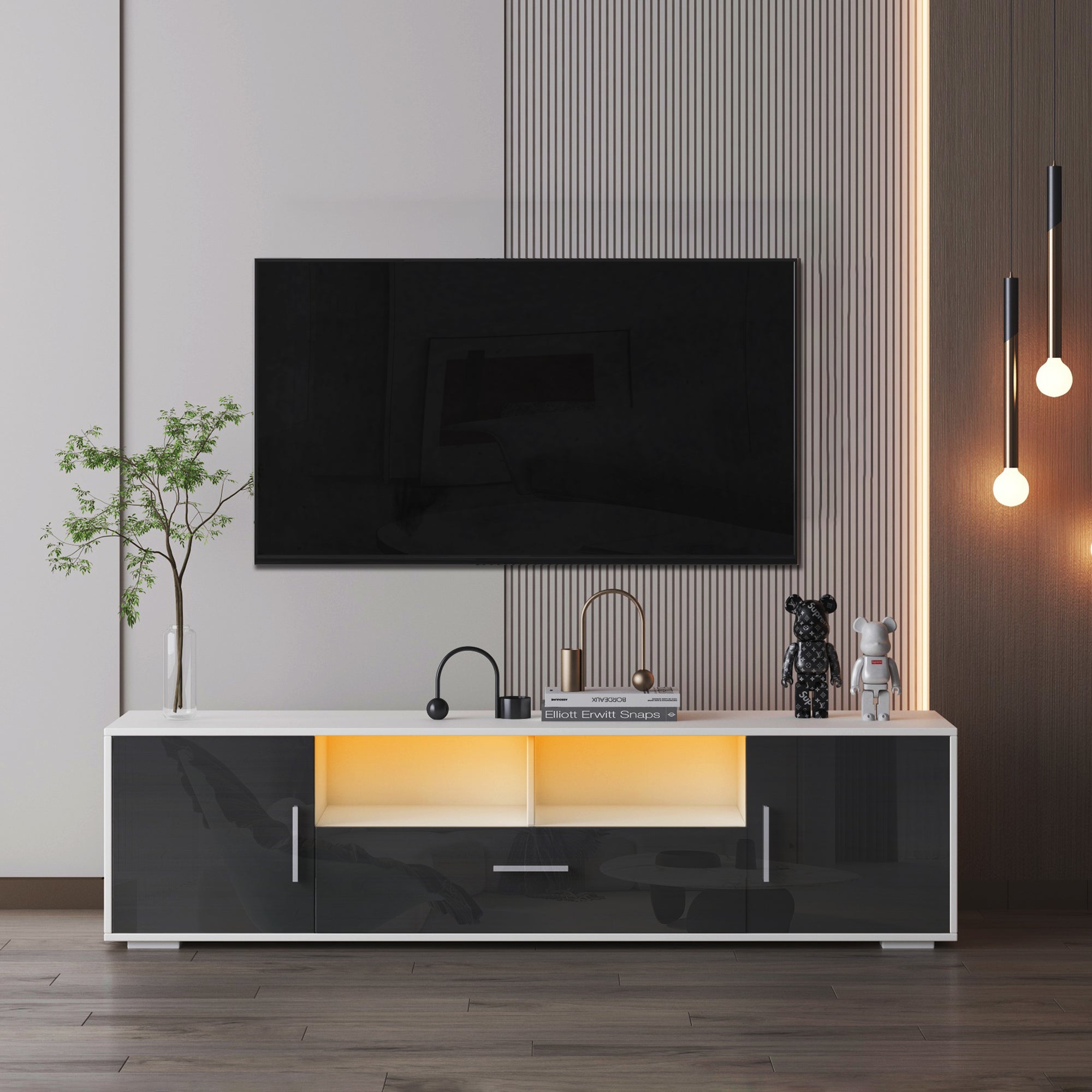 FashionTV Stand,TV Cabinet,entertainment Center TV Station,TV Console,console With LED Light Belt, Light Belt Can Be Remote Control,with Cabinets,open Cells,for The Living Room,bedroom,white Dark Gray