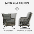 3 Piece Outdoor Bistro Set, Wicker Small Patio Furniture Set With Swivel Glider Chairs For Balcony, Porch, Gray