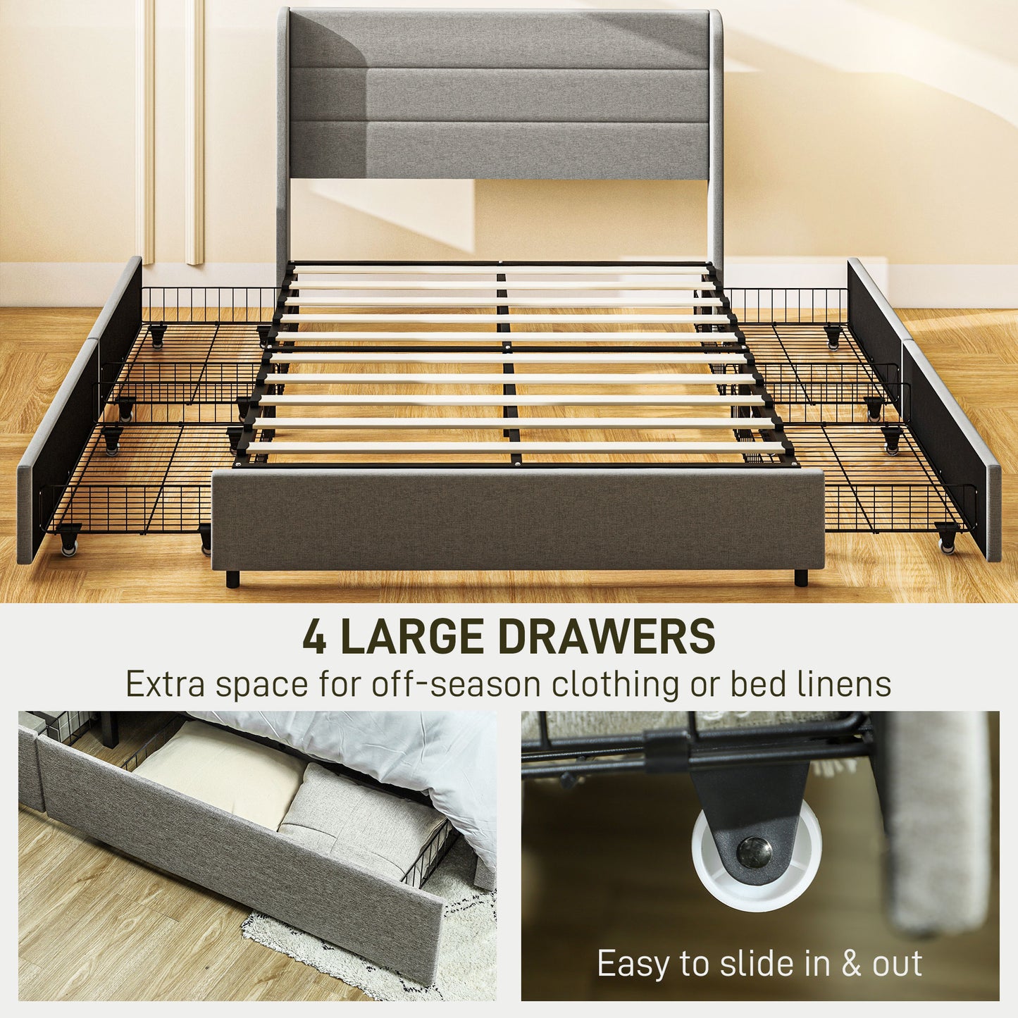 Full Bed Frame with Storage Drawers, Full Size Bed Base with Headboard, Wood Slats, Noise-Free, Light Gray
