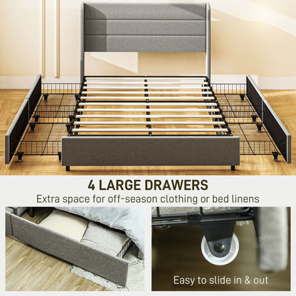 Full Bed Frame with Storage Drawers, Full Size Bed Base with Headboard, Wood Slats, Noise-Free, Light Gray