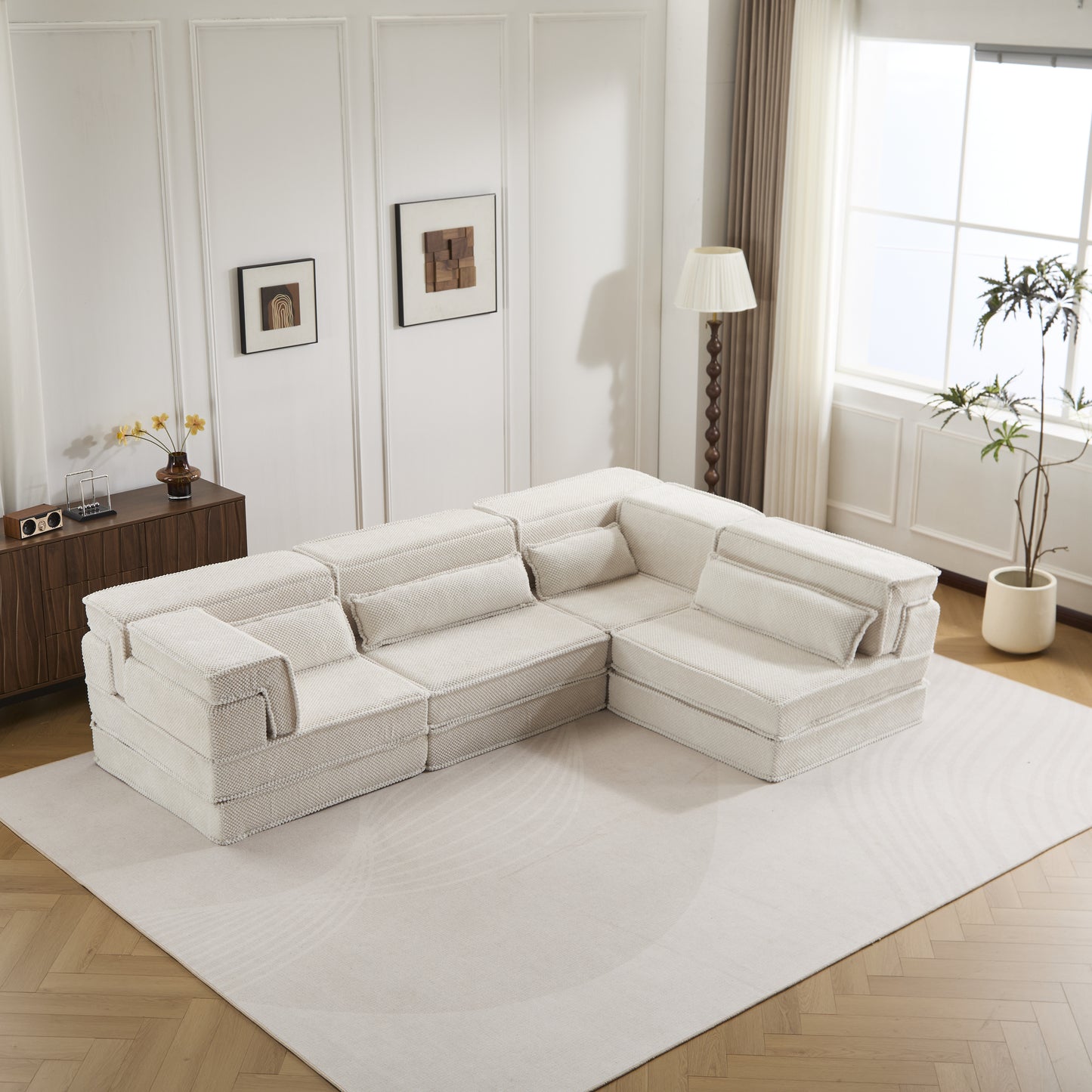 Compression Mahjong Sofa,Convertible Floor Sofa Bed,DIY Boneless Modular Sectional Sofa,No Assembly Required,Circle Fleece Fabric,Oversized 4 Seater With 4 Pillows,White