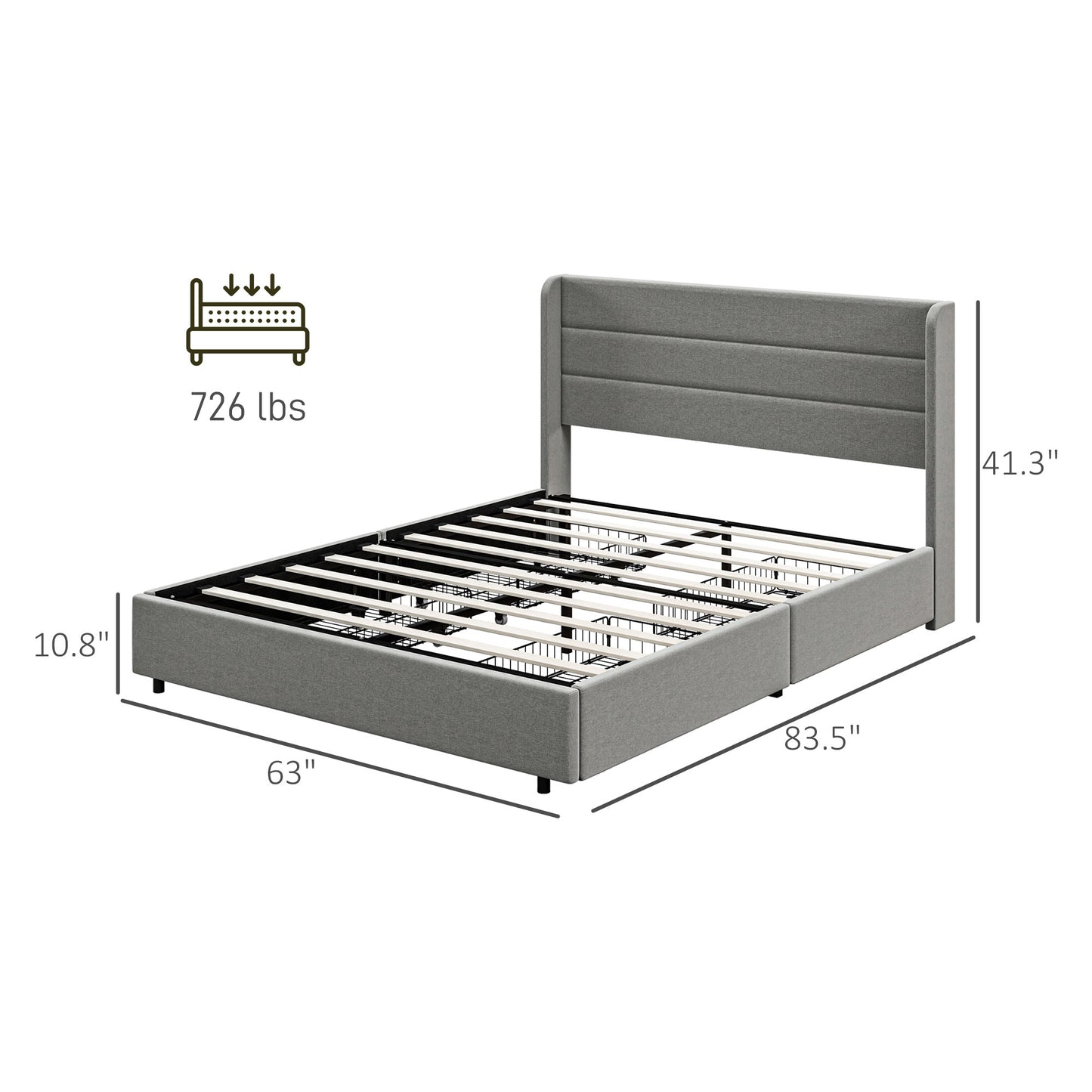 Queen Bed Frame with Storage Drawers, Queen Size Bed Base with Headboard, Wood Slats, Noise-Free, Light Gray