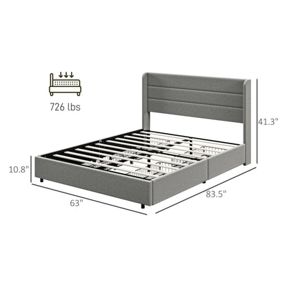 Queen Bed Frame with Storage Drawers, Queen Size Bed Base with Headboard, Wood Slats, Noise-Free, Light Gray
