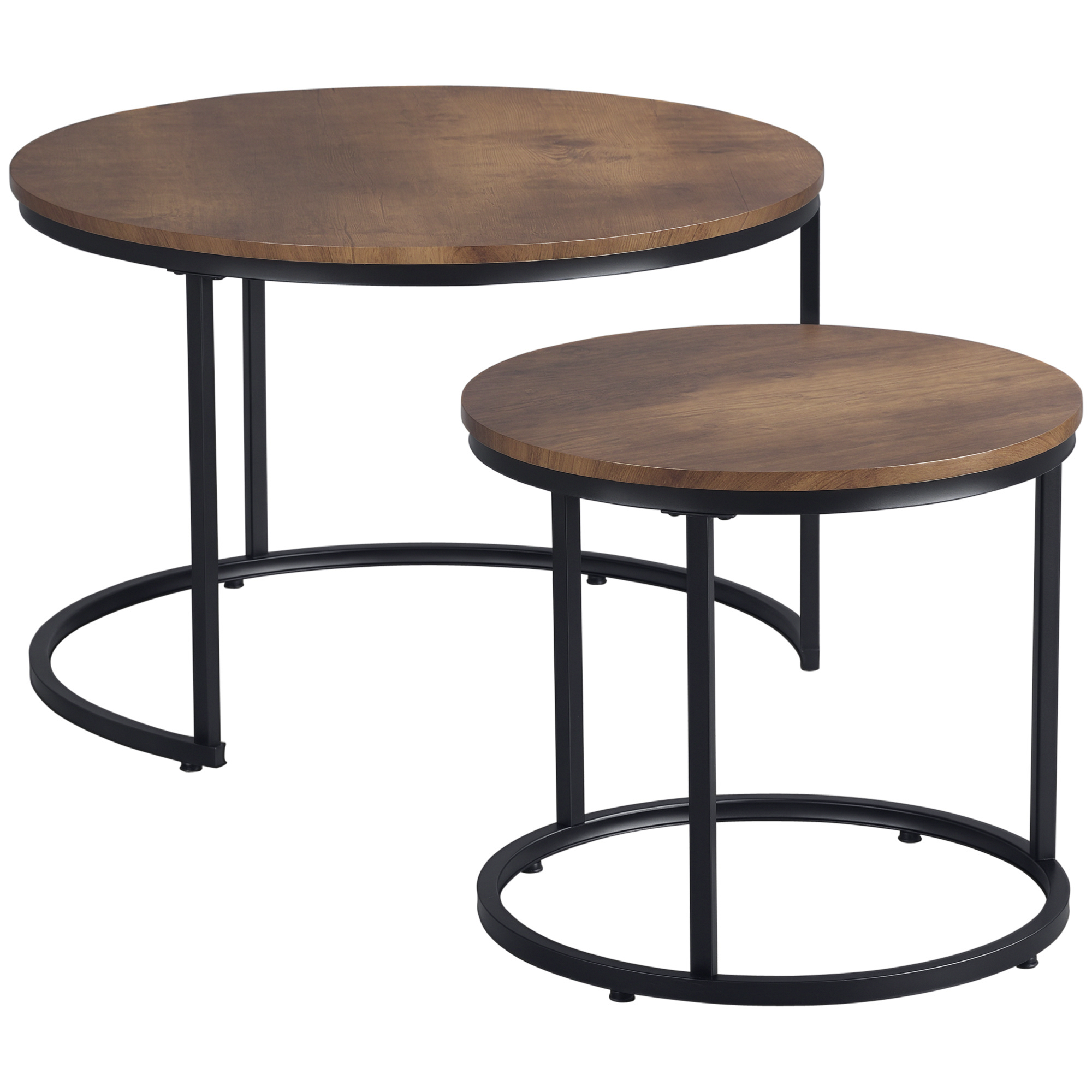 Round Nesting Tables Set of 2, Stacking Coffee Table Set with Metal Frame for Living Room, Rustic Brown