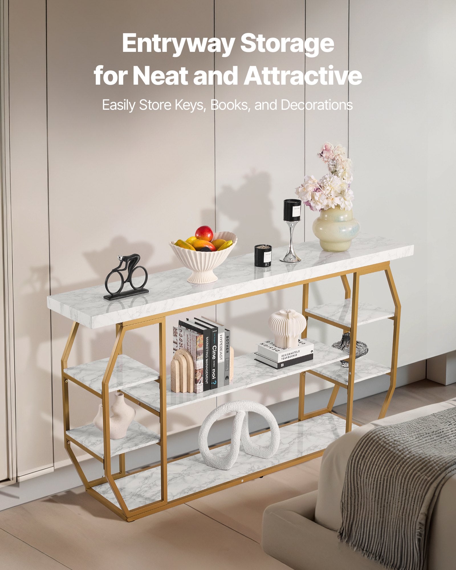 Marble Console Table, 3 Tiers Modern Console Table For Open Storage, Golden Geometric Table With Iron Tubes, Anti-Tip Device And Triangular Support For Living Room, Hallway, Entryway, Foyer