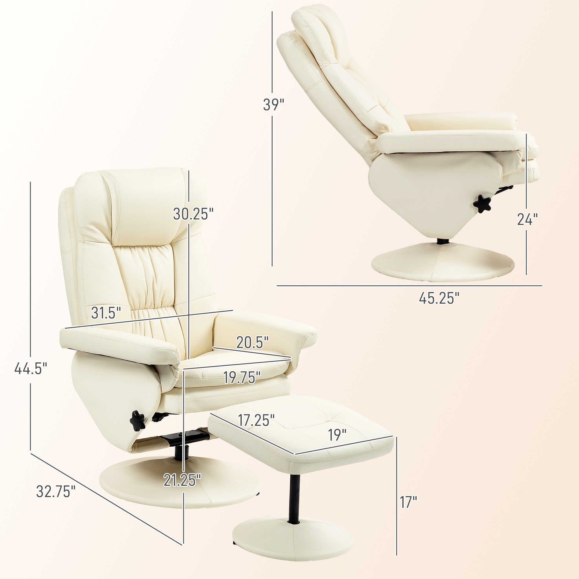 PU Leather Recliner Chair with Ottoman, Swivel Recliner and Ottoman with Round Wrapped Base for Living Room, Cream White