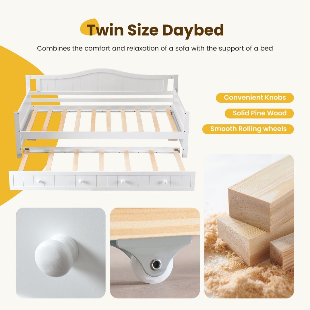Twin Size Day Bed Frame With Trundle, Integrated Headboard & Armrests, Space-Saving Trundle Bed , Sturdy Wood Construction