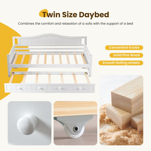Twin Size Day Bed Frame With Trundle, Integrated Headboard & Armrests, Space-Saving Trundle Bed , Sturdy Wood Construction