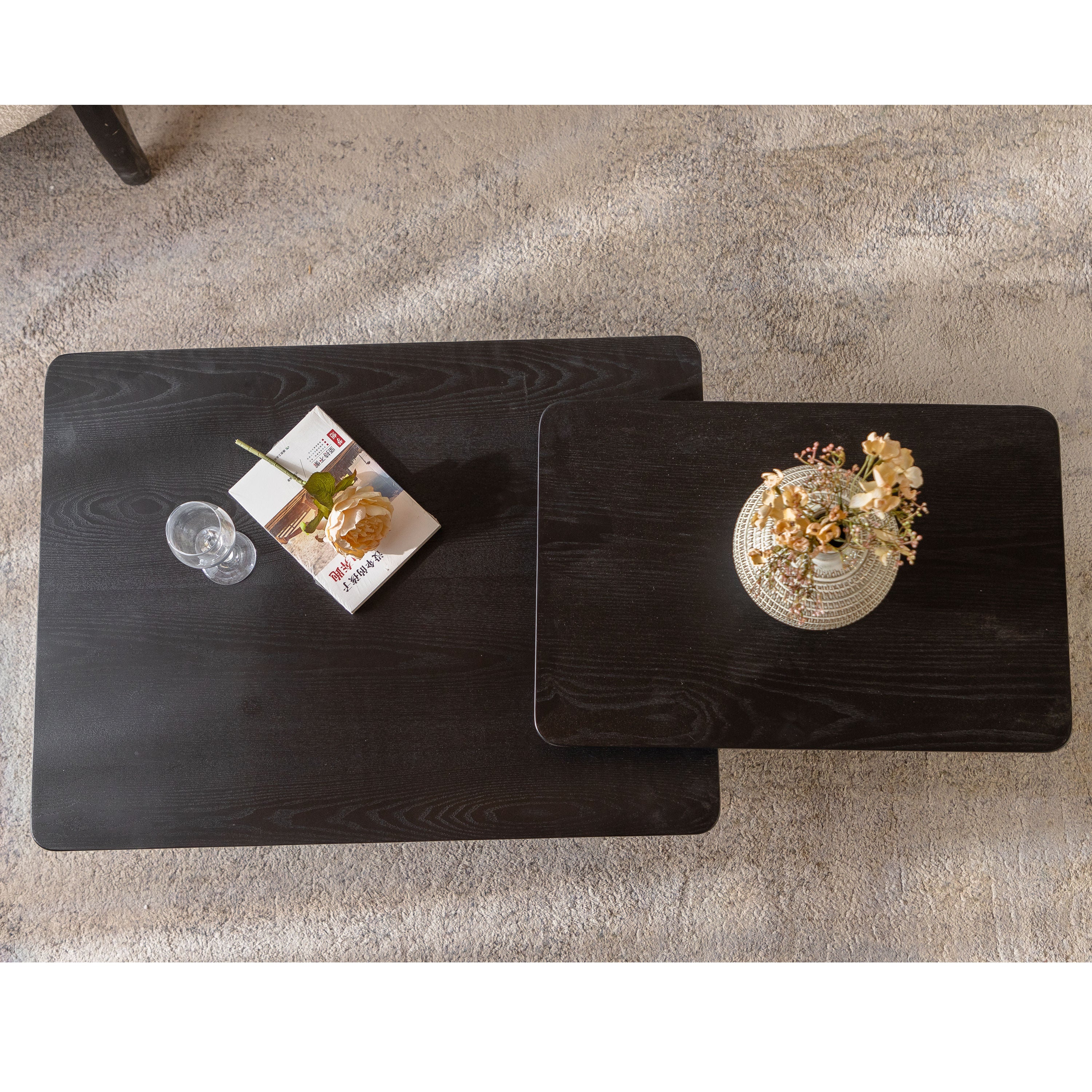 Vintage Fashion Style Square Coffee Table Set With Wood Grain Finish,for Living Room, Office And Dining Room, Black Set Of 2