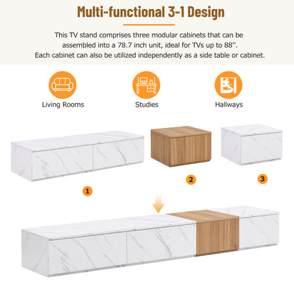 ON-TREND TV Stand With Faux Marble And Walnut Wood Grain Finish For TVs Up To 88'', Modern Free-Combination Entertainment Center With 4 Storage Drawers For Living Room, White