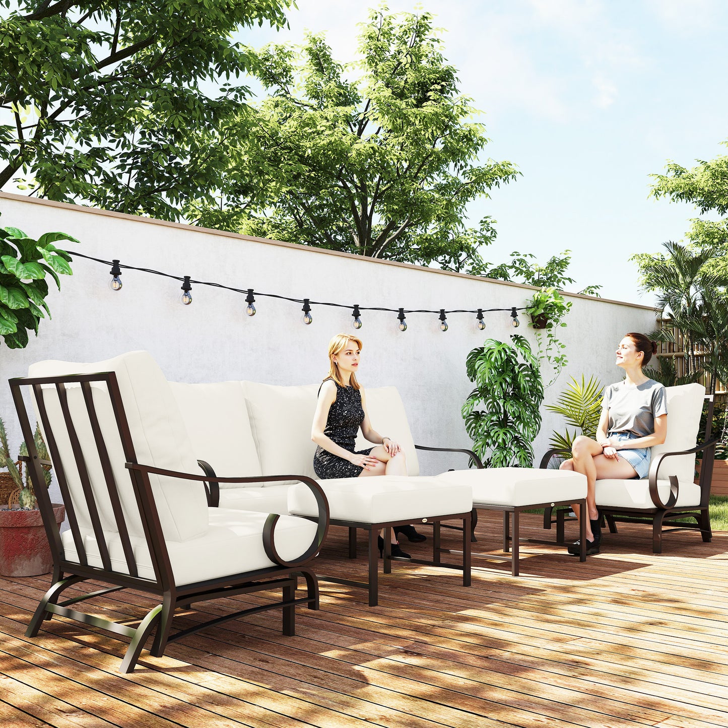 5 Piece Backyard Patio Furniture Set, Outdoor Furniture Set With 2 Rocking Chairs, 3-Seat Sofa, And 2 Ottomans, Beige