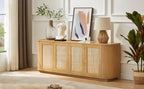 64-inch Wave Shaped TV Stand, Rounded Corner Sideboard, Storage Cabinet, Buffet, Wood Vertical Striped Cabinet With Rattan Doors For Kitchen Bedroom Entryway. Natural, 64W X 15D X 24H