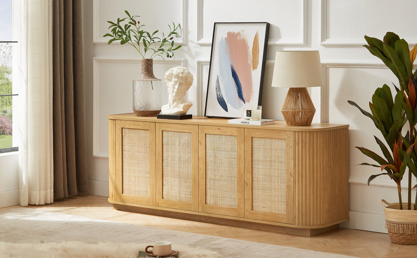 64-inch Wave Shaped TV Stand, Rounded Corner Sideboard, Storage Cabinet, Buffet, Wood Vertical Striped Cabinet With Rattan Doors For Kitchen Bedroom Entryway. Natural, 64W X 15D X 24H