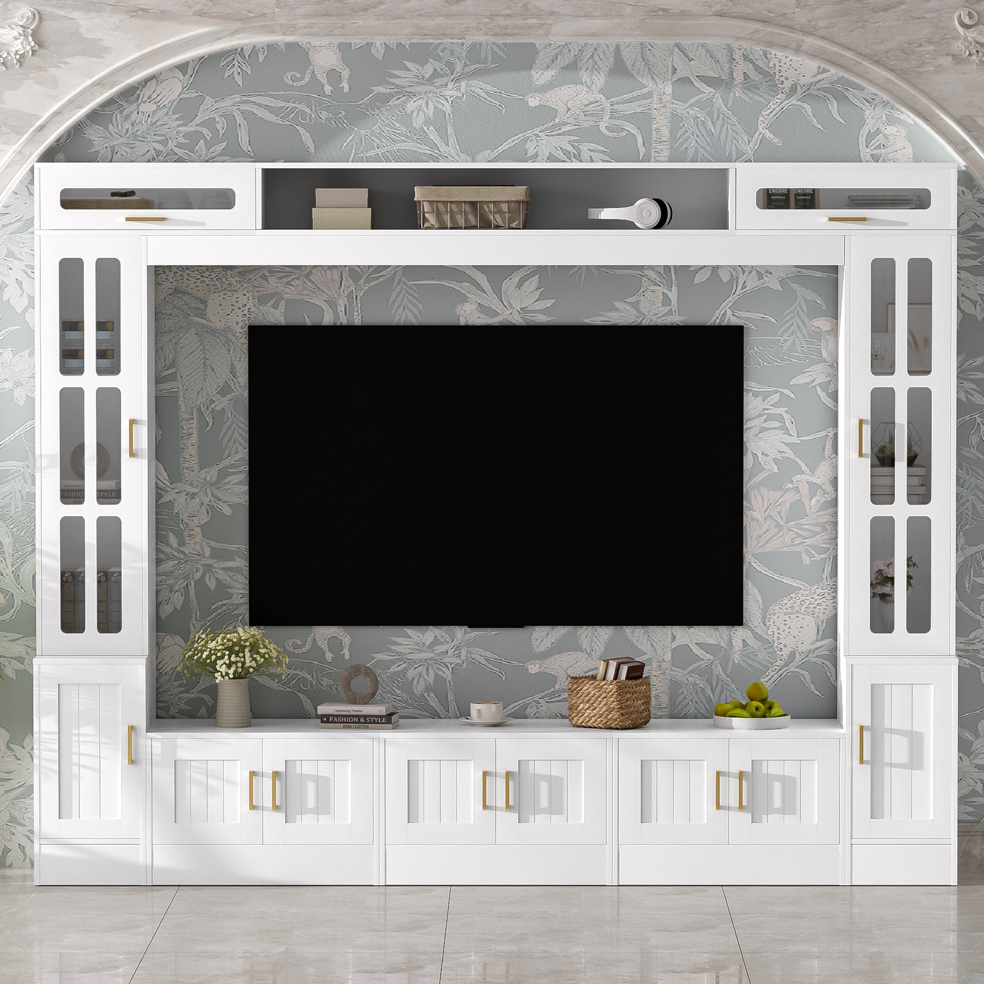 VIBE HAUS 98.4 W Wall Unit Entertainment Center With Bookshelves For TVs Up To 80, Modern TV Stand Media Console With Cabinets, Tempered Glass Doors And Adjustable Shelves For Living Room