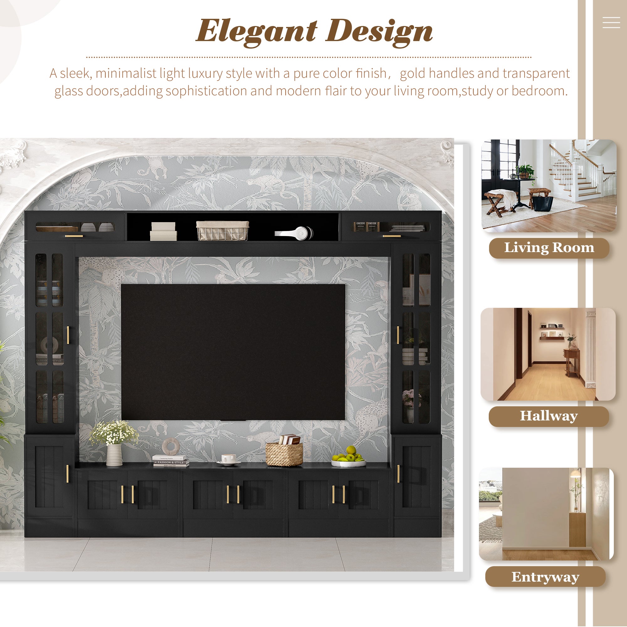 VIBE HAUS 98.4 W Wall Unit Entertainment Center With Bookshelves For TVs Up To 80, Modern TV Stand Media Console With Cabinets, Tempered Glass Doors And Adjustable Shelves For Living Room