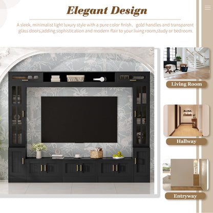VIBE HAUS 98.4 W Wall Unit Entertainment Center With Bookshelves For TVs Up To 80, Modern TV Stand Media Console With Cabinets, Tempered Glass Doors And Adjustable Shelves For Living Room