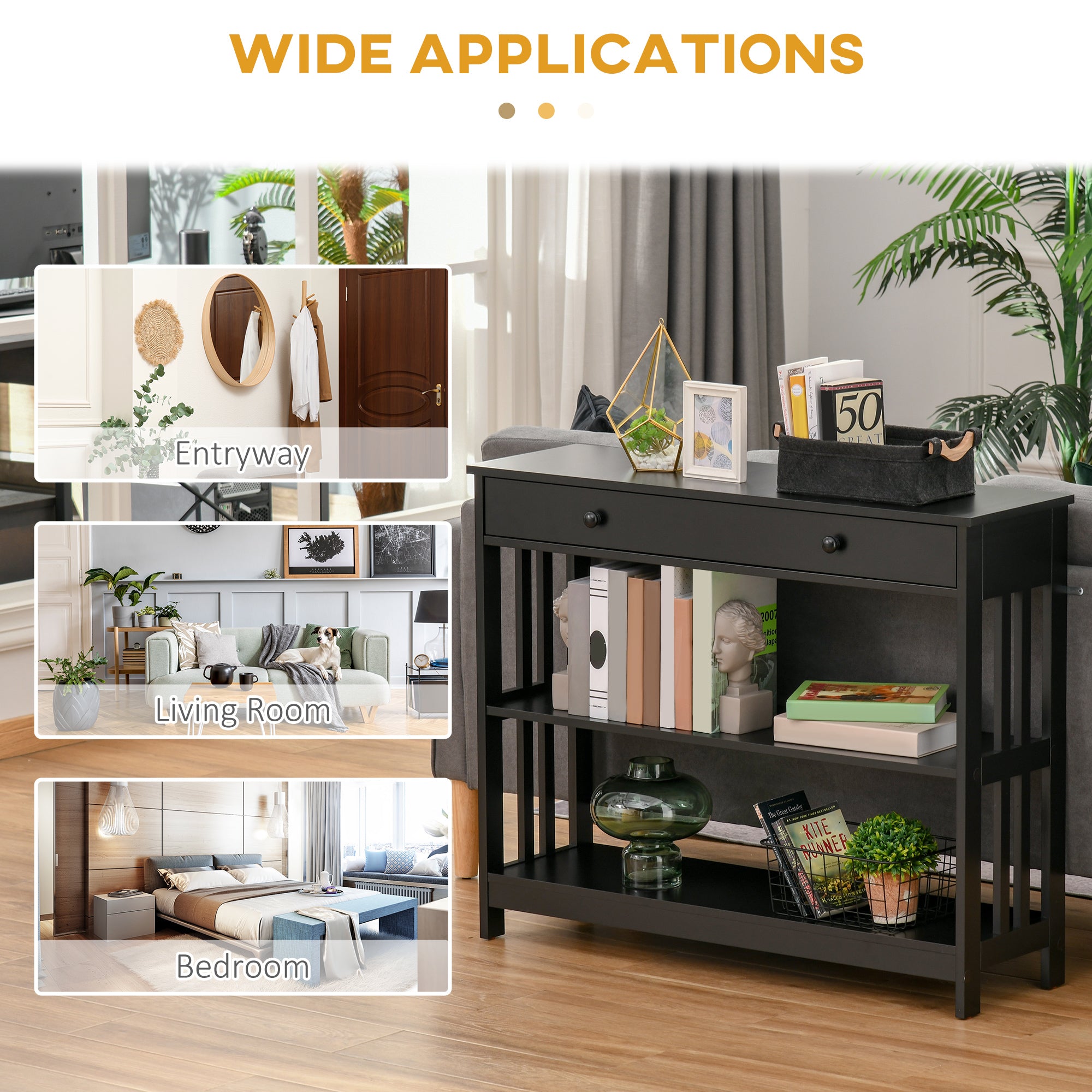 Console Hallway Table with Extra Wide Pull Out Drawer, 2 Open Shelves and Slatted Wood Frame Design, Black