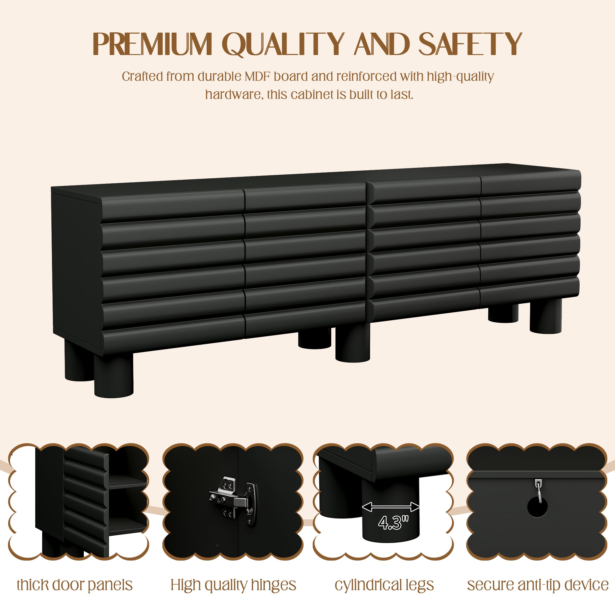 Stylish Thick Wavy Door TV Cabinet With Adjustable Shelves, Cream Style TV Stand With 4 Cabinets For TVs Up To 75 Solid Media Console With Cylindrical Legs And Cable Holes For Living Room, Black