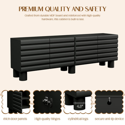 Stylish Thick Wavy Door TV Cabinet With Adjustable Shelves, Cream Style TV Stand With 4 Cabinets For TVs Up To 75 Solid Media Console With Cylindrical Legs And Cable Holes For Living Room, Black