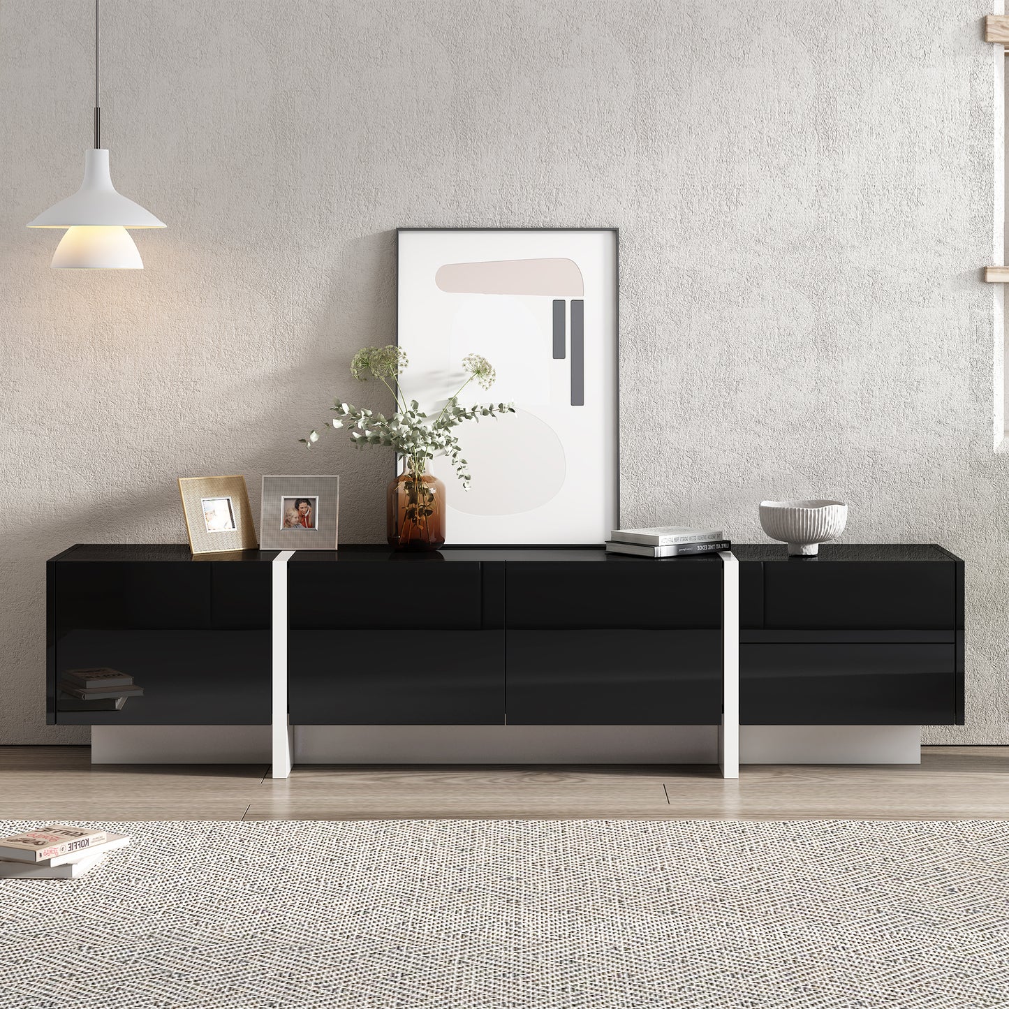 ON-TREND White & Black Contemporary Rectangle Design TV Stand, Unique Style TV Console Table For TVs Up To 80'', Modern TV Cabinet With High Gloss UV Surface For Living Room.