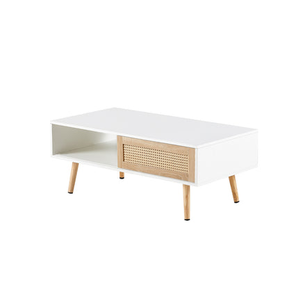 Rattan Coffee Table With Sliding Door And Solid Wood Legs - Modern Living Room