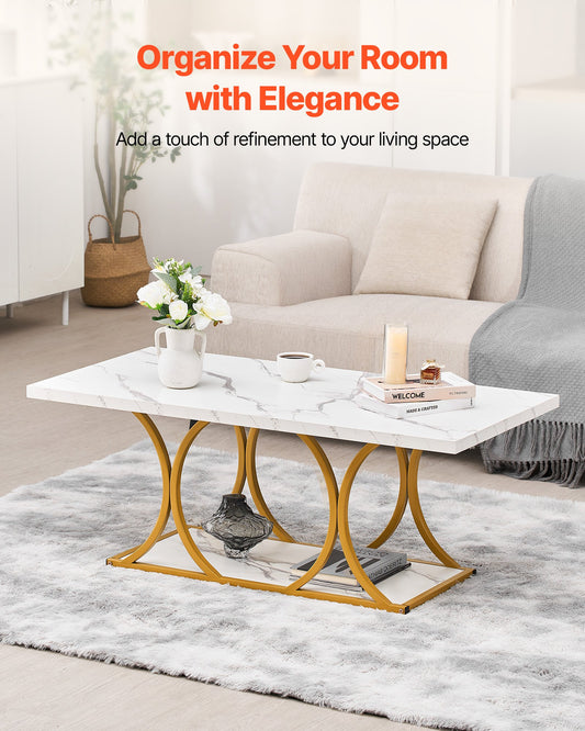 Coffee Table, Modern Faux Marble Coffee Table, Large 2-Tier Rectangle Center Desk With Geometric Legs, Minimalist Sturdy Metal Frame Accent End Desk For Living Room, Office, Easy Assembly, White