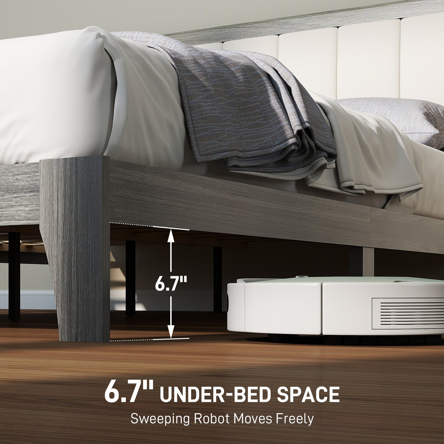 Full Bed Frame with Headboard Full Size Platform Bed Frame with Wooden Slats No Box Spring Needed Easy Assembly Gray