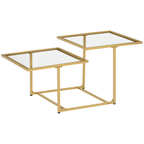 Coffee Table, Tempered Glass Coffee Table with 2 Square Tabletops, Modern Coffee Tables for Living Room, Bedroom, Gold
