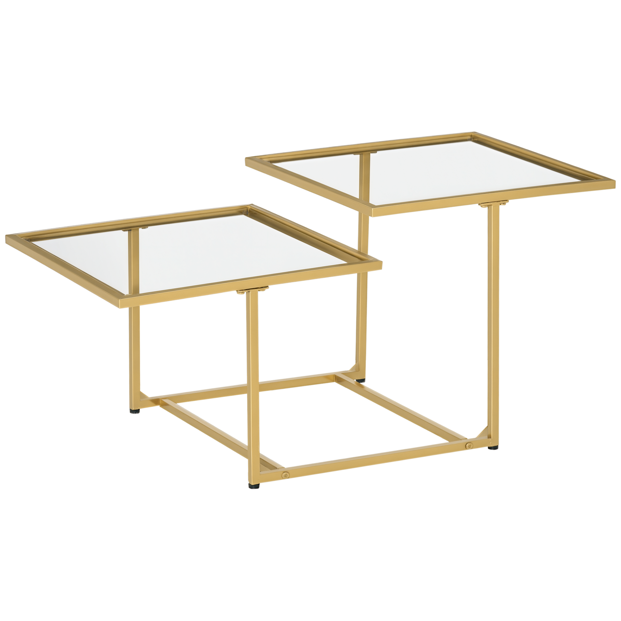 Coffee Table, Tempered Glass Coffee Table with 2 Square Tabletops, Modern Coffee Tables for Living Room, Bedroom, Gold