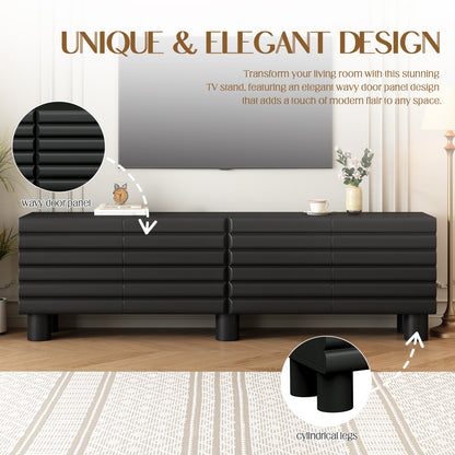 Stylish Thick Wavy Door TV Cabinet With Adjustable Shelves, Cream Style TV Stand With 4 Cabinets For TVs Up To 75 Solid Media Console With Cylindrical Legs And Cable Holes For Living Room, Black